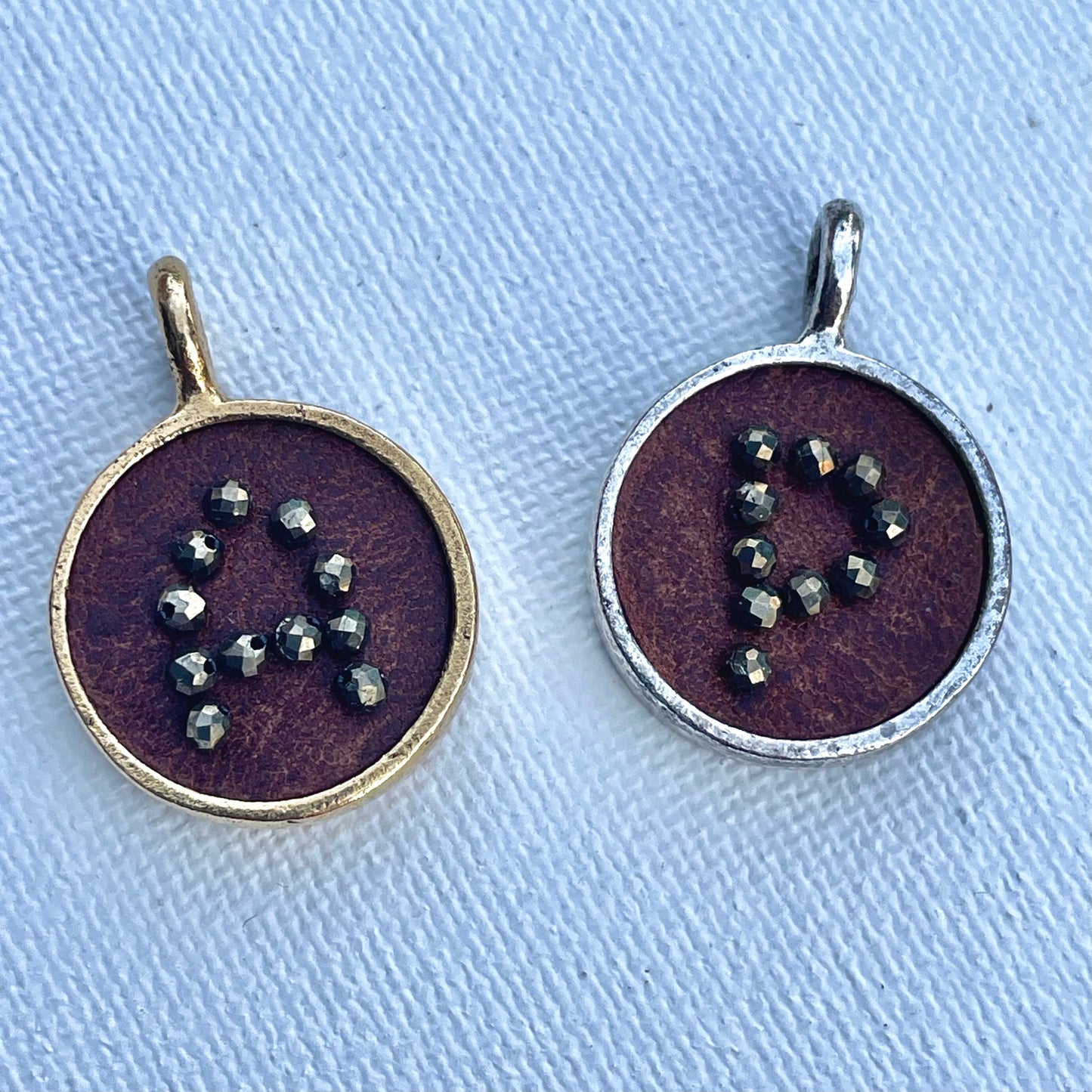 Brown Leather Personalized Initial Charm - brown leather inlay with hand-sewn pyrite beads - gold or silver setting