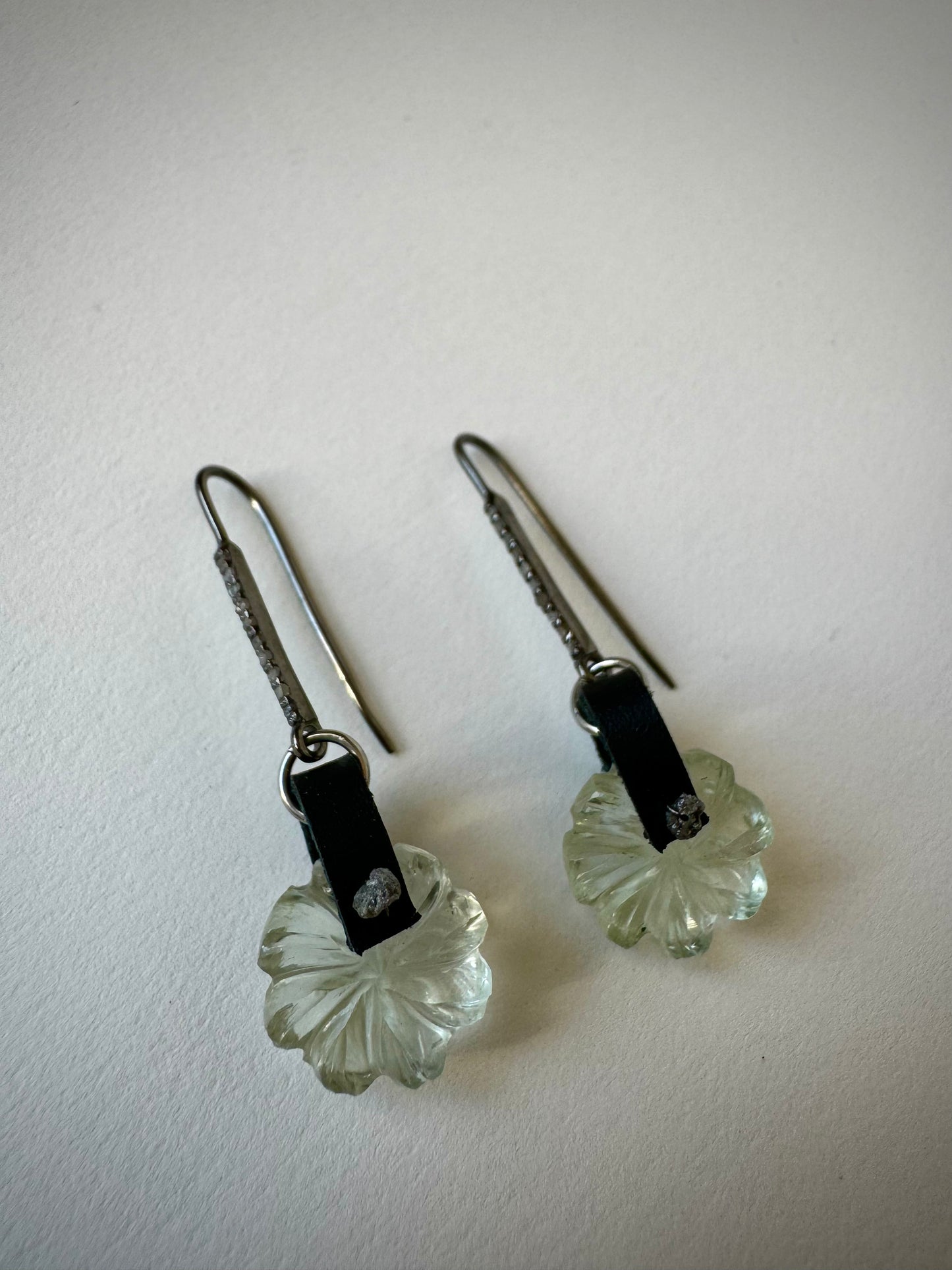 Hand carved Green Amethyst Flowers with Diamonds and Leather Gemstone Earrings (OOAK)