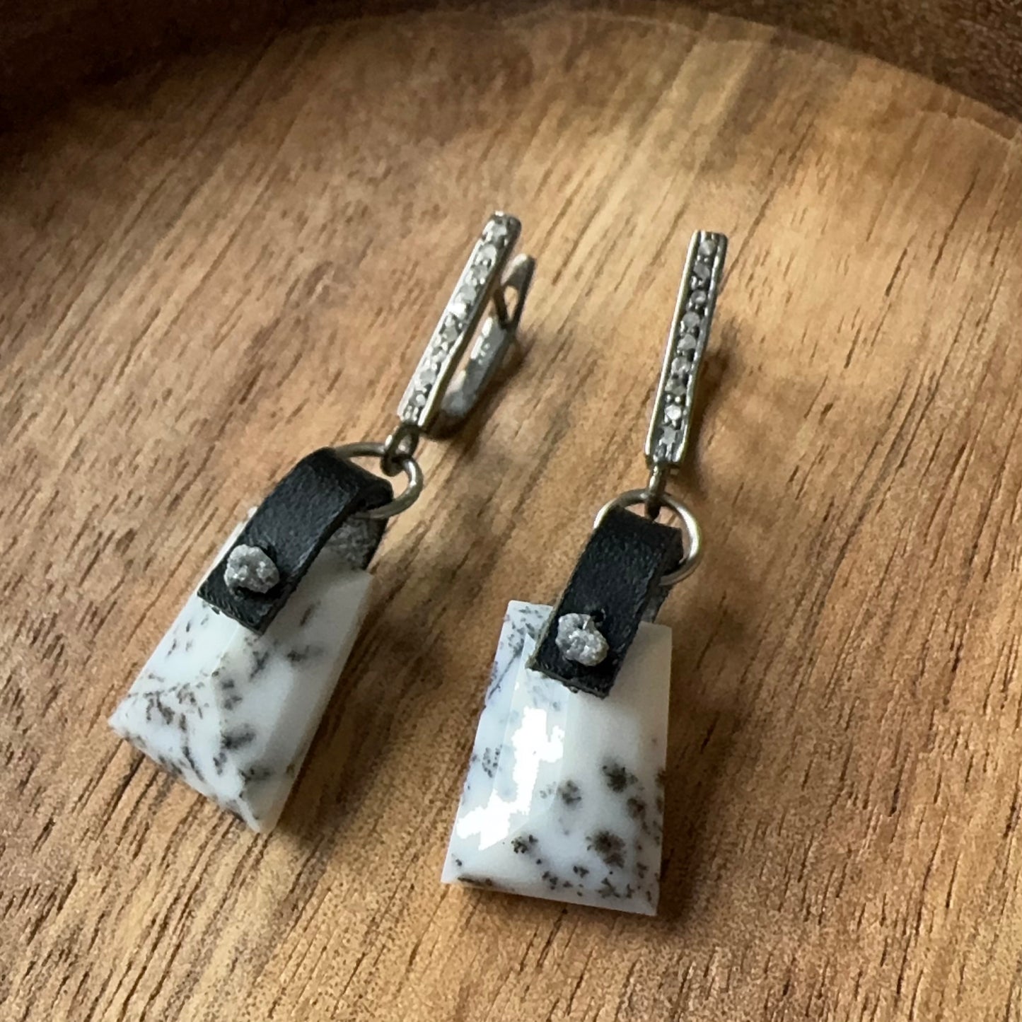 Dendritic Opal Earrings with pave diamonds set oxidized sterling silver OOAK (one of a kind)