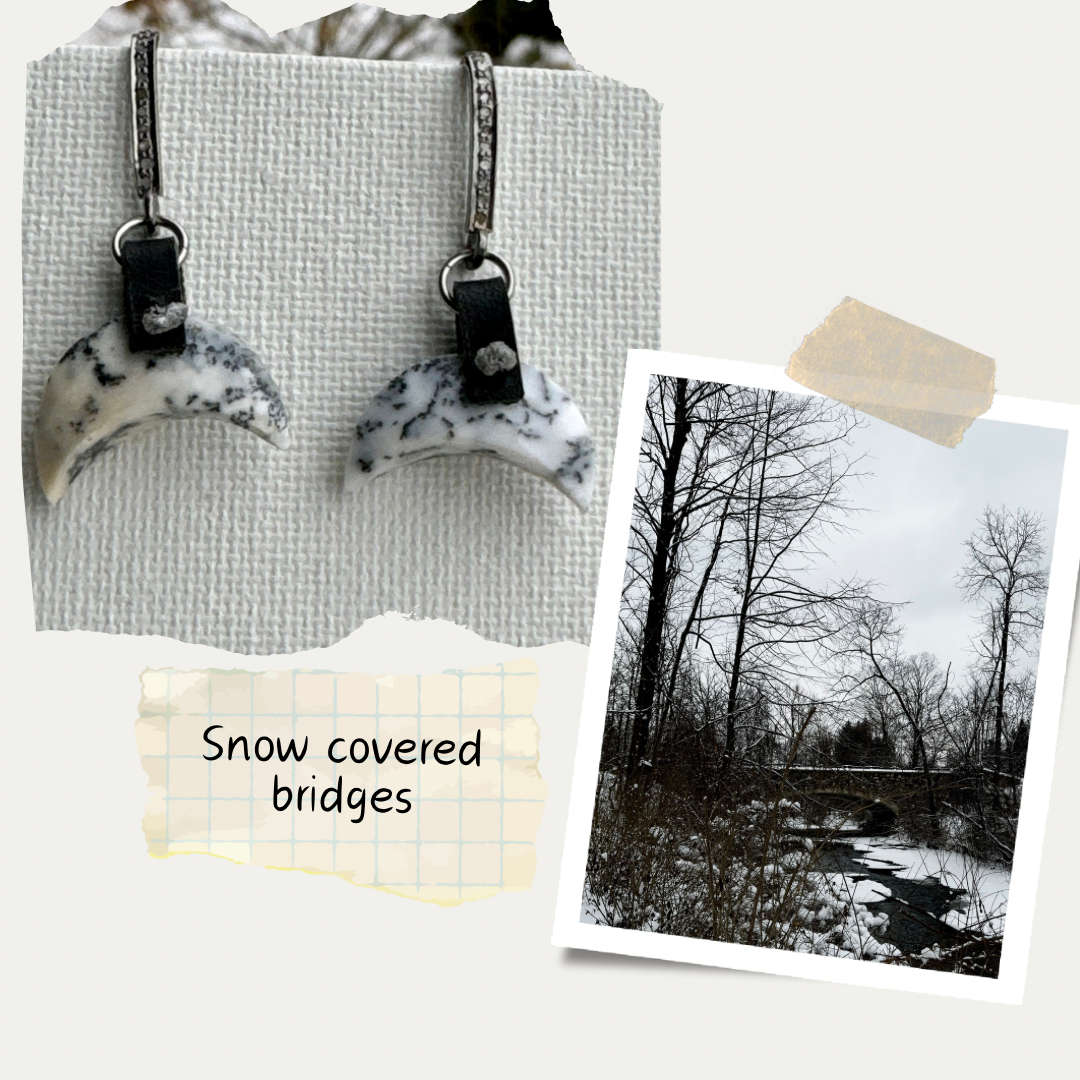 Dendritic Opal Crescent Earrings with pave diamonds set oxidized sterling silver OOAK (one of a kind)