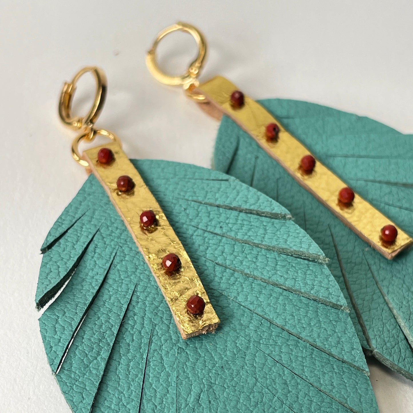 Turquoise Leather Feather Dangle Earrings with Jasper Gemstones