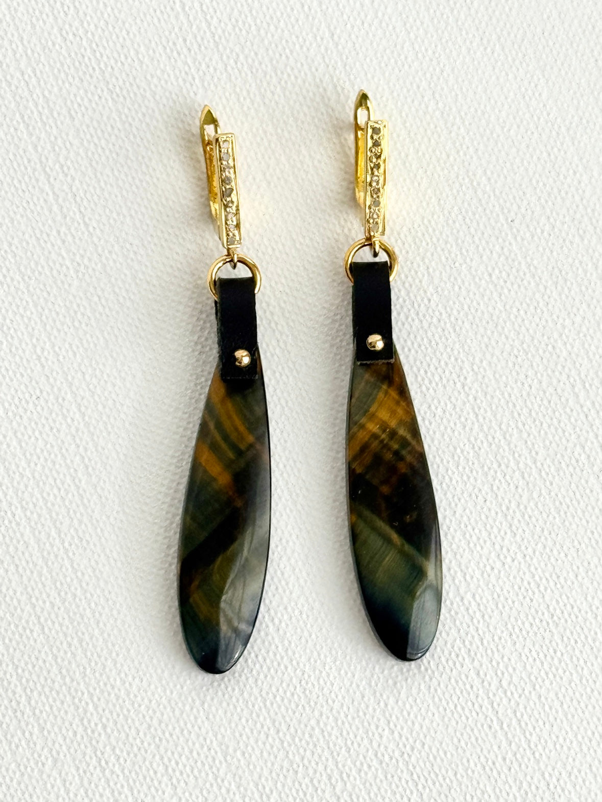 Tiger’s eye teardrop earrings hanging straight, blue green and gold stones, gold vermeil leverbacks