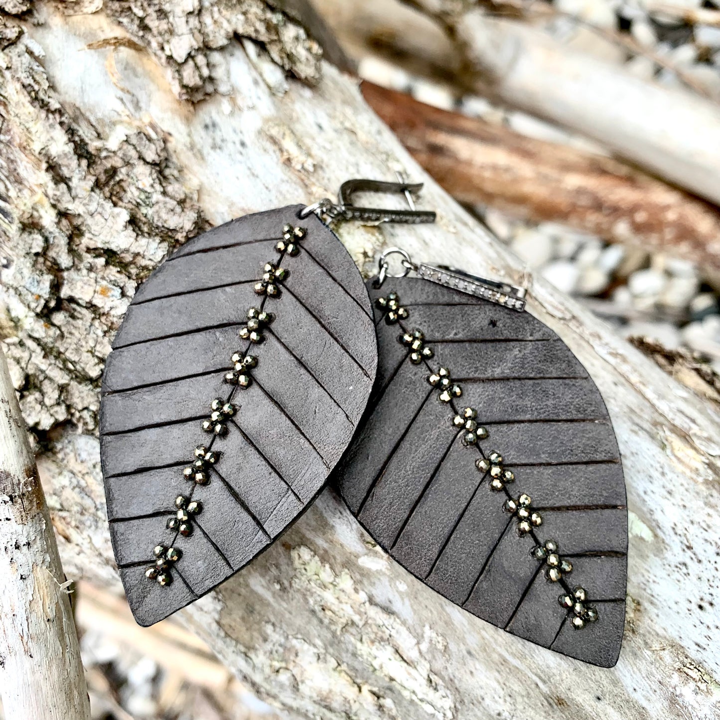 LEVELED-UP Leather Leaf and Pave Diamond Earrings