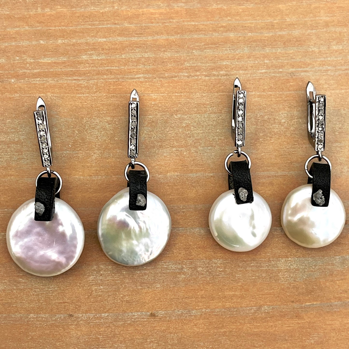 Pearl earrings with raw diamonds, leather and pave diamond ear wires OOAK (one of a kind)