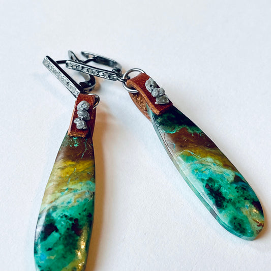 Chrysocolla with Raw Diamonds Teardrop Earrings in Oxidized Sterling with Pave-Set Diamonds OOAK (one of a kind)