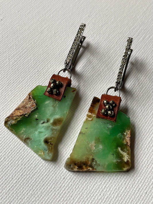Green Chalcedony and Diamond One of a Kind Earrings