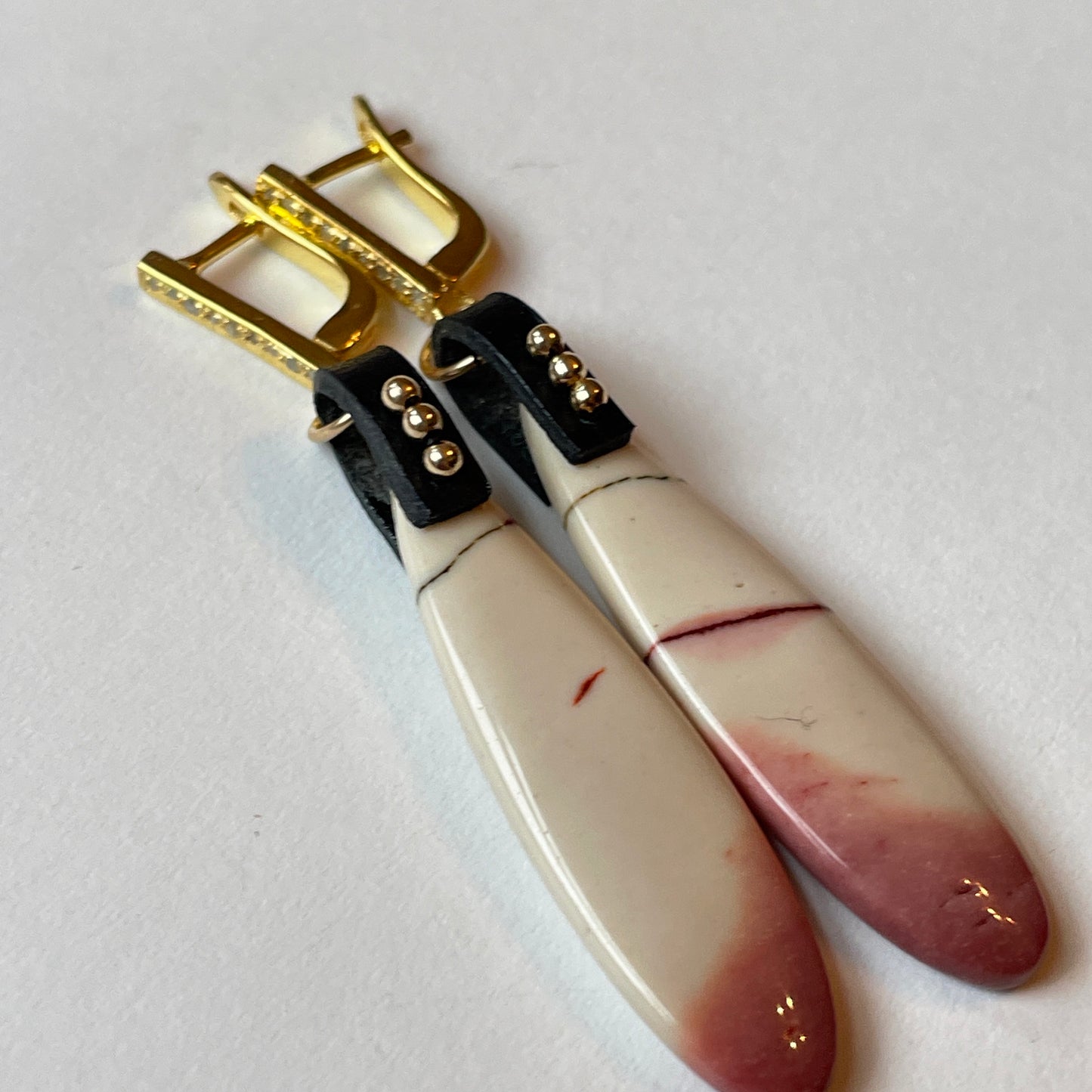 Australian Mookaite Jasper Teardrop Earrings in Gold Vermeil with Pave-Set Diamonds OOAK (one of a kind)