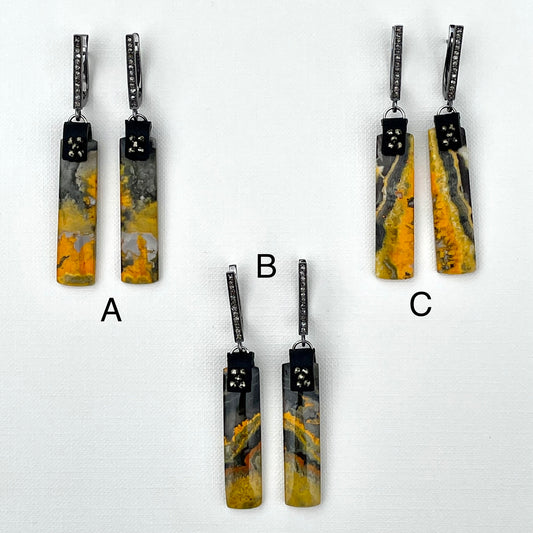 Bumble Bee Jasper FLAME OOAK (one of a kind) Pave Diamond Earrings