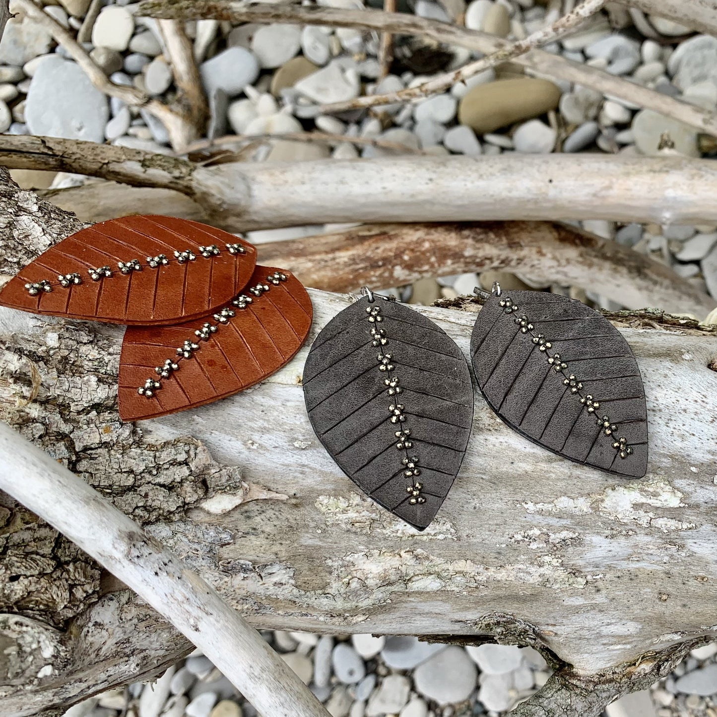 LEVELED-UP Leather Leaf and Pave Diamond Earrings