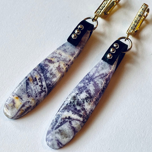 Petrified Purple Fluorite Teardrop Earrings in Gold Vermeil with Pave-Set Diamonds OOAK (one of a kind)