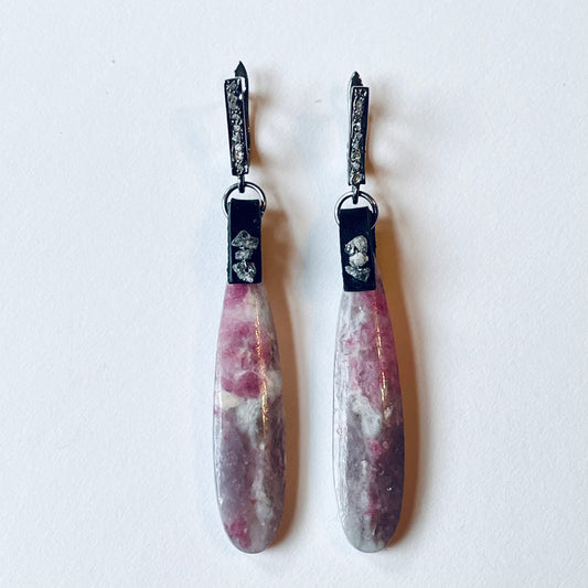Pink Tourmaline with Raw Diamonds -- Teardrop Earrings in Oxidized Sterling with Pave-Set Diamonds OOAK (one of a kind)