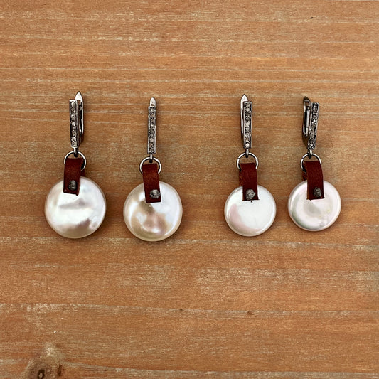 Pearl earrings with raw diamonds, leather and pave diamond ear wires OOAK (one of a kind)