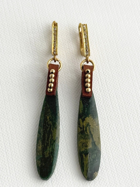 African jade teardrop earrings with gold-filled beads on leather and gold vermeil pavé diamond leverbacks