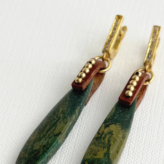 African jade teardrop earrings, close-up angled view of the marbled green stones