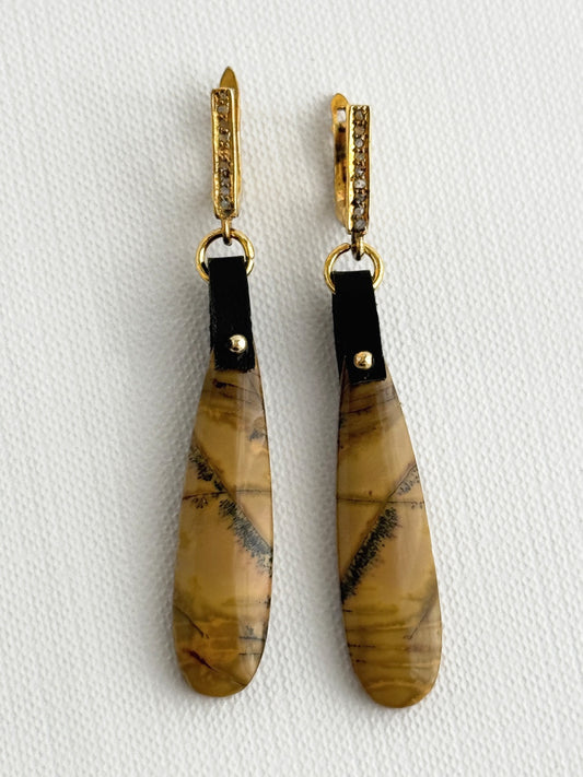 Utah feather jasper teardrop earrings with gold-filled bead on black leather and gold vermeil pavé diamond leverbacks
