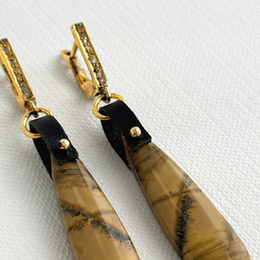 Utah feather jasper teardrop earrings, close-up of the black feather plume pattern — an animal print look in mustard yellow stone
