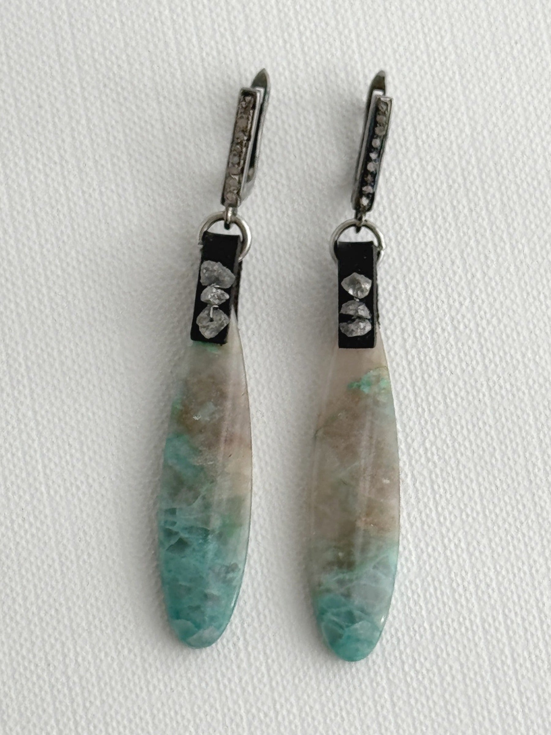 Chrysocolla in quartz teardrop earrings with raw grey diamonds on black leather and oxidized sterling silver pavé leverbacks