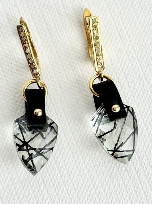 Tourmalinated quartz shield earrings, fine black tourmaline needles in clear quartz, black leather