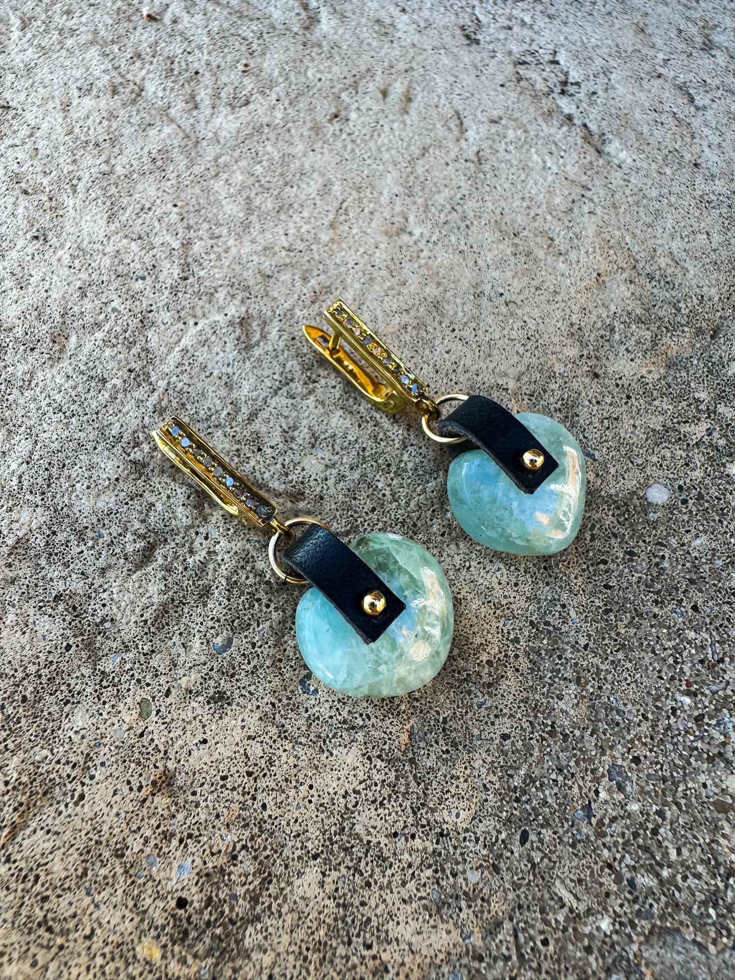 Aquamarine Puffed Heart Earrings with pave diamonds set gold vermeil OOAK (one of a kind)
