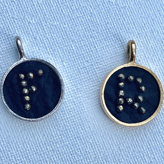 Black Leather Personalized Initial Charm - black leather inlay with hand-sewn pyrite beads - gold or silver setting