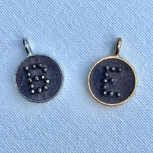 Grey Leather Personalized Initial Charm - grey leather inlay with hand-sewn pyrite beads - gold or silver setting