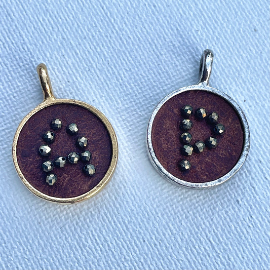 Brown Leather Personalized Initial Charm - brown leather inlay with hand-sewn pyrite beads - gold or silver setting