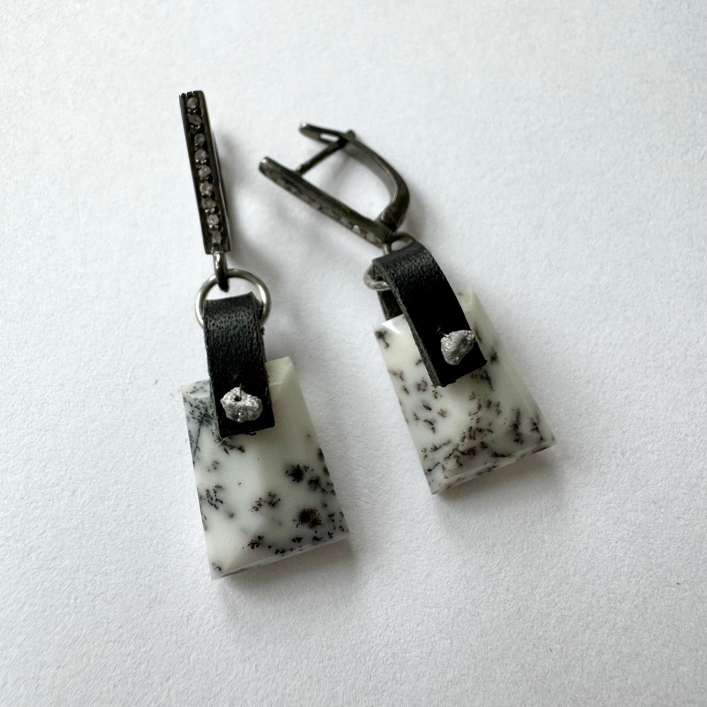 Dendritic Opal Earrings with pave diamonds set oxidized sterling silver OOAK (one of a kind)