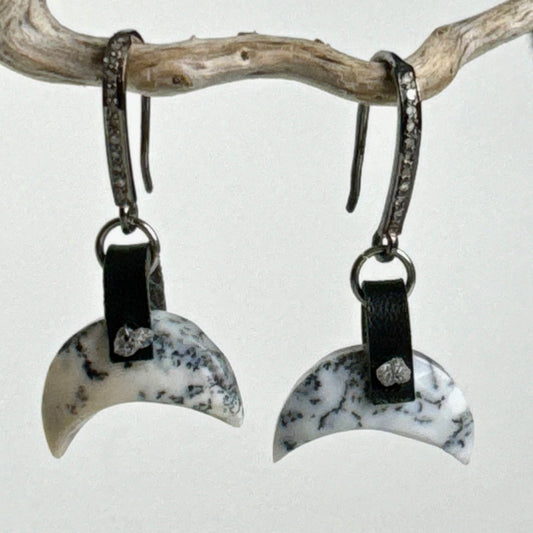Dendritic Opal Crescent Earrings with pave diamonds set oxidized sterling silver OOAK (one of a kind)
