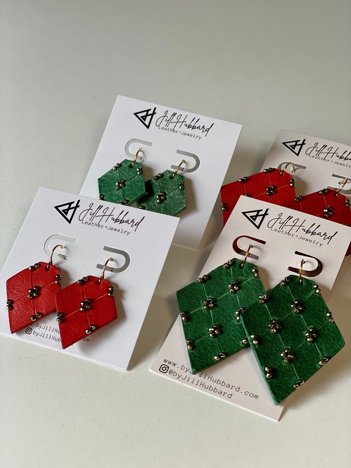 QUILTED leather earrings -- green and red