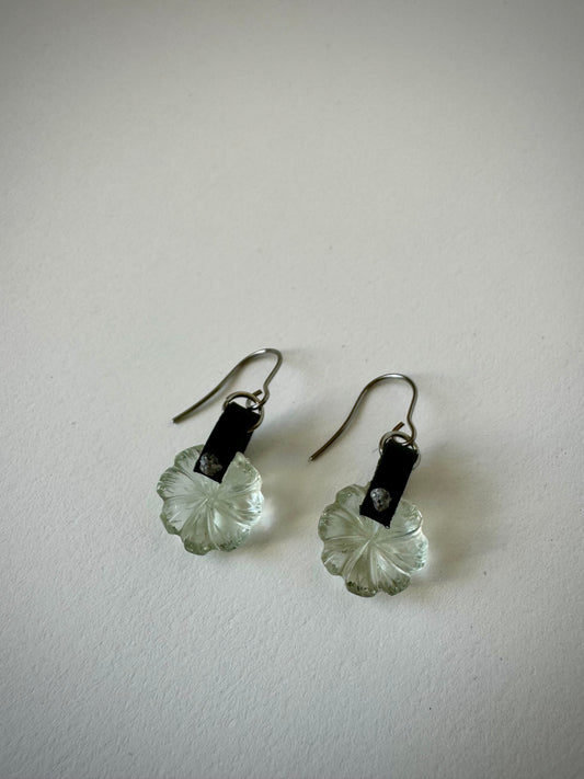 Hand carved Green Amethyst Flowers with Diamonds and Leather Gemstone Earrings (OOAK)