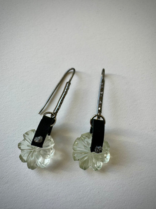 Hand carved Green Amethyst Flowers with Diamonds and Leather Gemstone Earrings (OOAK)