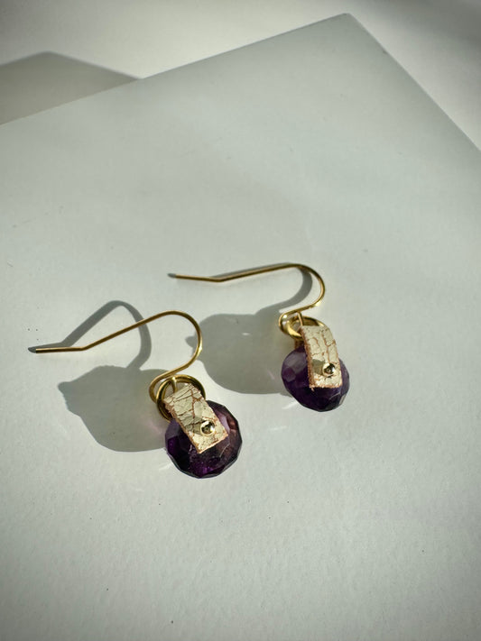 Round Purple Amethyst Dangle Earrings with Leather and Gold
