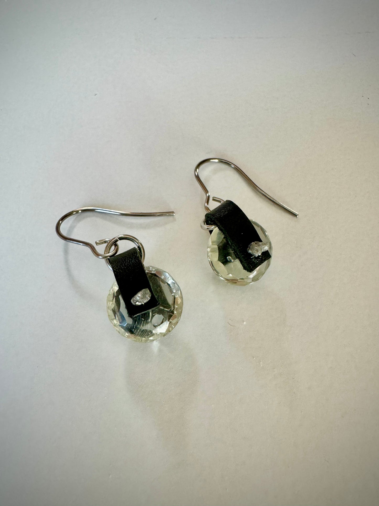 Round Green Amethyst Dangle Earrings with Leather and Raw Diamonds