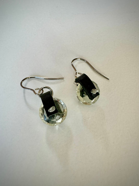 Round Green Amethyst Dangle Earrings with Leather and Raw Diamonds (OOAK)