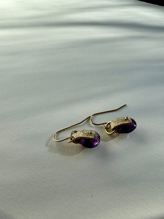 Round Purple Amethyst Dangle Earrings with Leather and Gold
