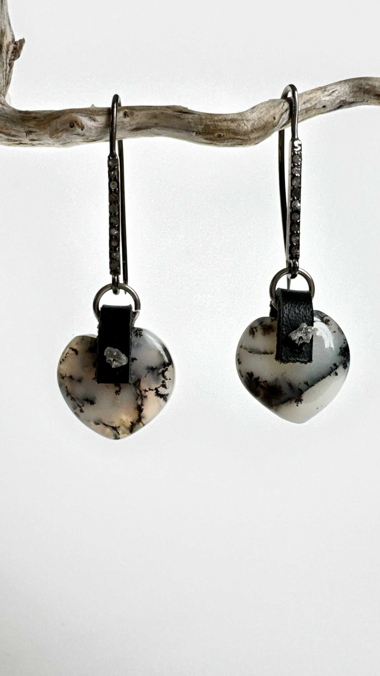Dendritic Opal Puffed Heart Earrings with pave diamonds set oxidized sterling silver OOAK (one of a kind)