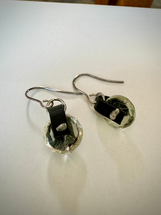 Round Green Amethyst Dangle Earrings with Leather and Raw Diamonds (OOAK)