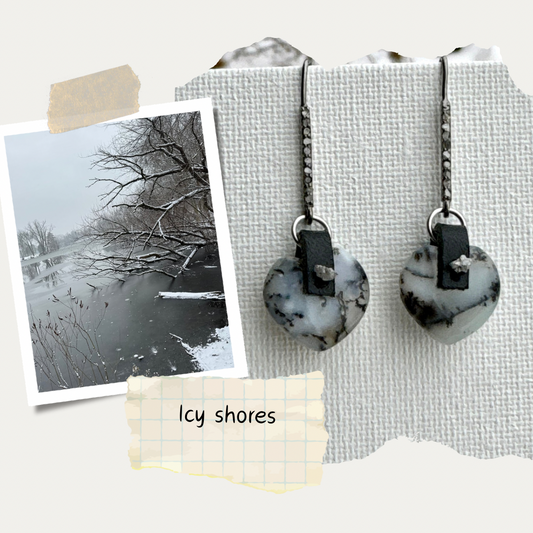 Dendritic Opal Puffed Heart Earrings with pave diamonds set oxidized sterling silver OOAK (one of a kind)