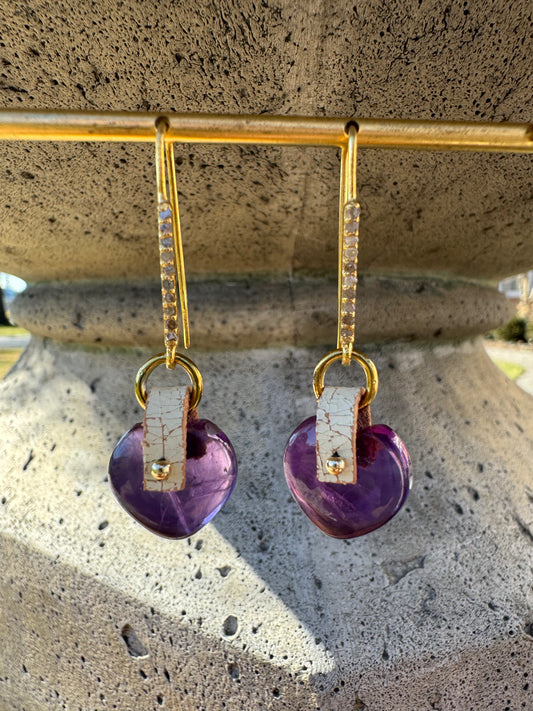 Hearts at Peace - Purple Amethyst Heart-Shaped Drop Earrings (OOAK)