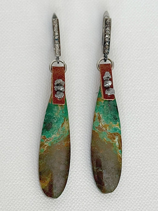 Chrysocolla teardrop earrings hanging straight, green chrysocolla stones, oxidized sterling pavé leverbacks