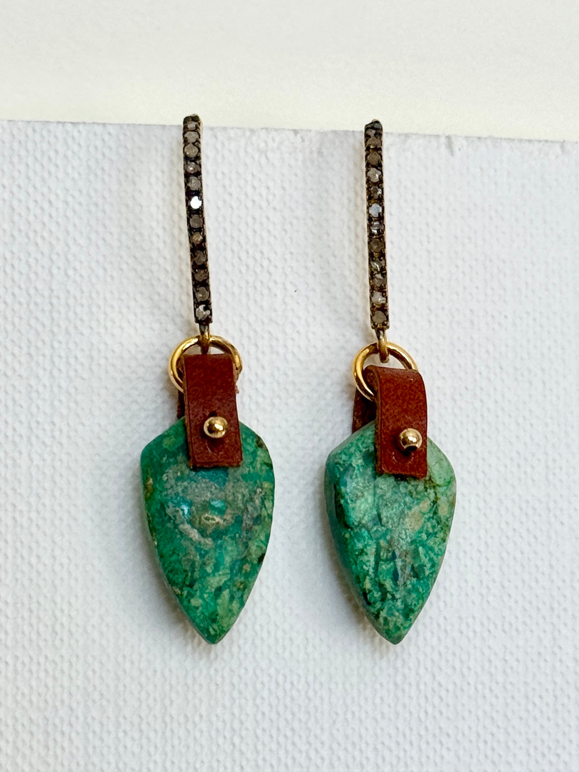 Turquoise chrysocolla shield earrings with gold-filled bead and gold vermeil pavé ear hooks, hanging straight