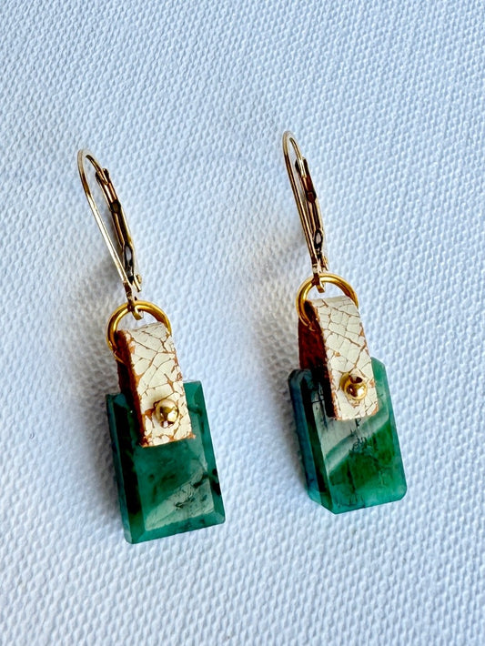 Vivid green faceted emerald dangle earrings with a hand-sewn 14K gold-filled bead on ivory crackle leather and 14K gold-filled leverbacks, front view