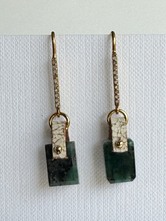 Deep green emerald rectangle earrings with a hand-sewn 14K gold-filled bead on ivory crackle leather and gold vermeil pavé diamond ear hooks, front view