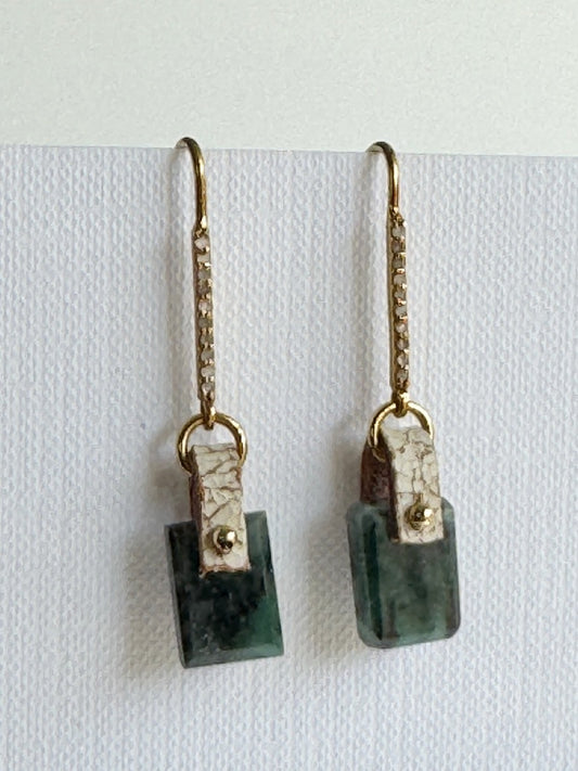Deep green emerald rectangle earrings with hand-sewn 14K gold-filled beads on ivory crackle leather and gold vermeil pavé diamond ear hooks, angled view