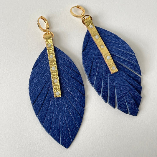 Blue Leather Feather Dangle Earrings with aquamarine Gemstones