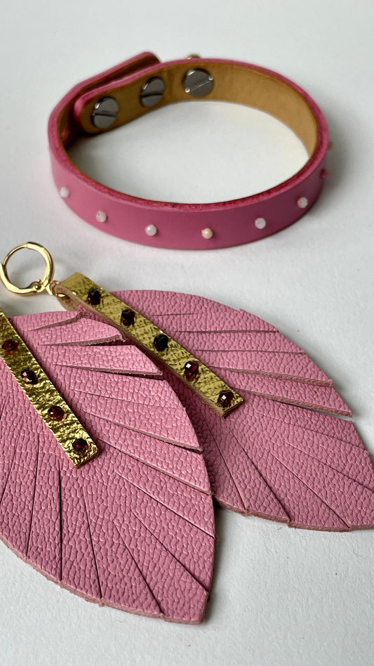 Pink Leather Feather Dangle Earrings with Garnet Gemstones
