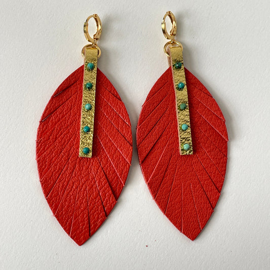 Red-Orange Leather Feather Dangle Earrings with Turquoise Gemstones