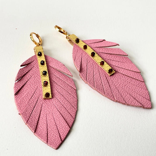 Pink Leather Feather Dangle Earrings with Garnet Gemstones