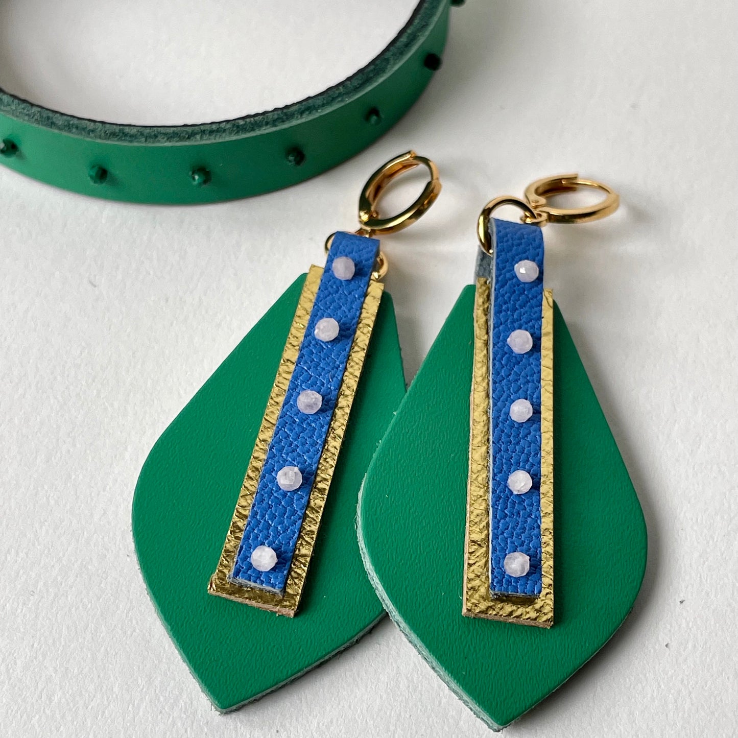 "Under the Falls" Green and Blue Leather Feather Dangle Earrings