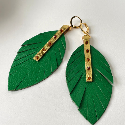 Green Leather Feather Dangle Earrings with Garnet Gemstones